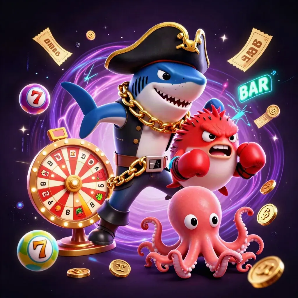 Pirate shark, boxing pufferfish, and coin-juggling octopus amid casino effects in neon purple glow.