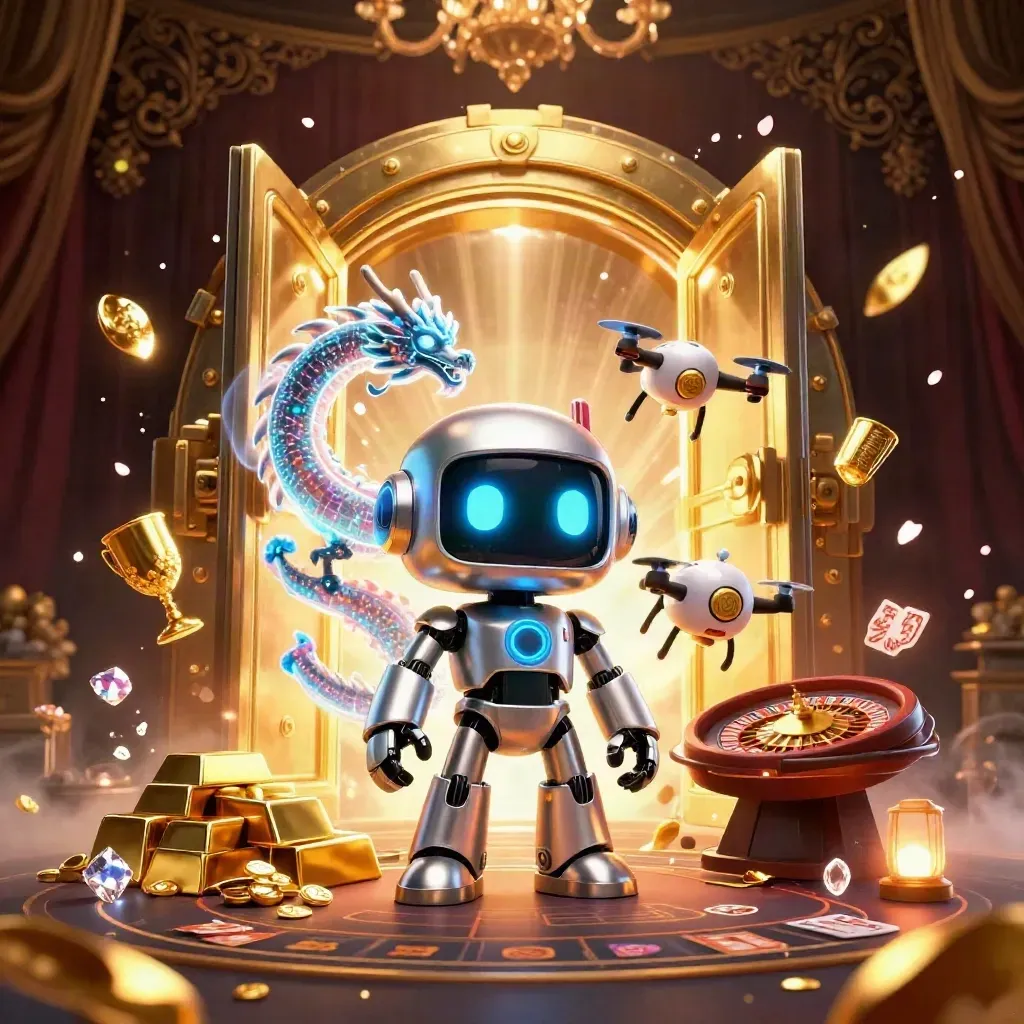 Cyberpunk robot, holographic dragon, coin drone, open vault, gold, gems, casino lights.