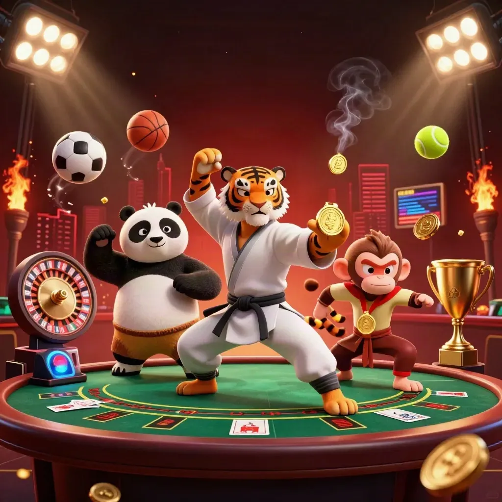 Tiger, panda, and monkey in a flashy casino-sports scene with coins, cards, and gold glow.
