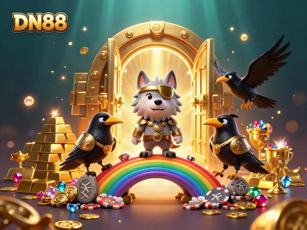 Engage in thrilling gameplay with DN88 as Odin and his ravens oversee a vibrant casino chip bridge.