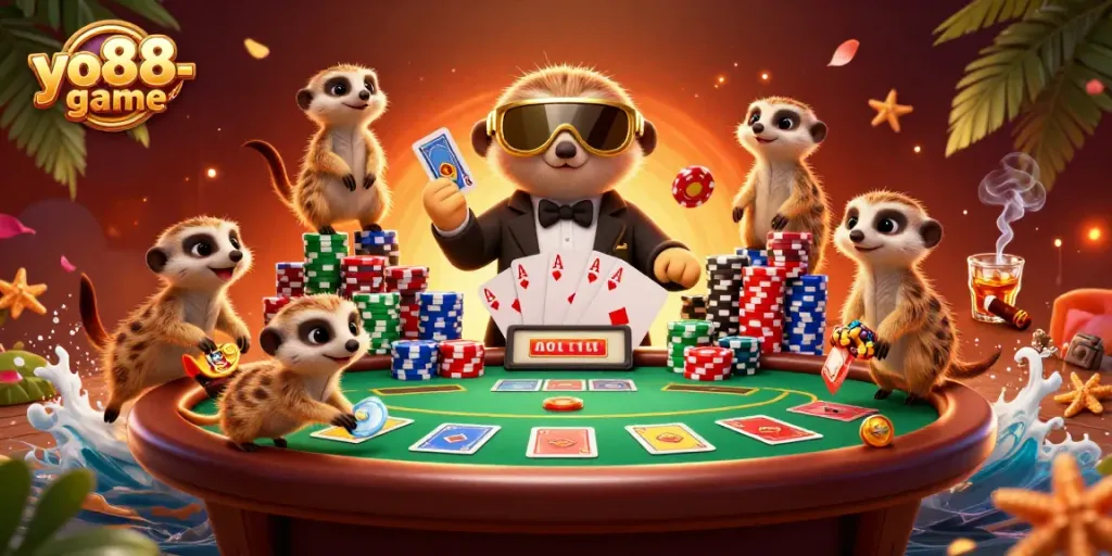 Engage in thrilling action with yo88-game in a bustling meerkat casino scene.