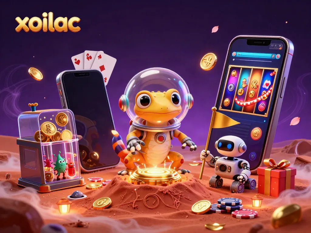 Join the Martian gecko in the exciting world of xoilac casino games amidst vibrant colors and dynamic elements.