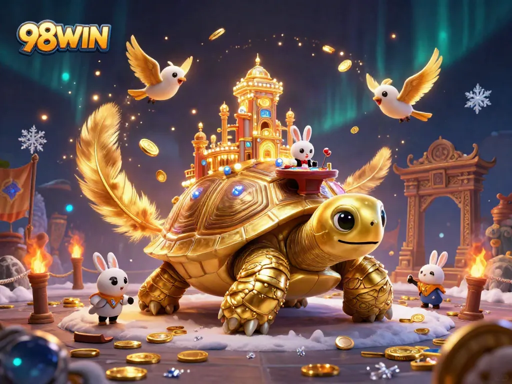 Experience thrilling games at 98WIN casino, featuring a vibrant tortoise palace and golden coins.