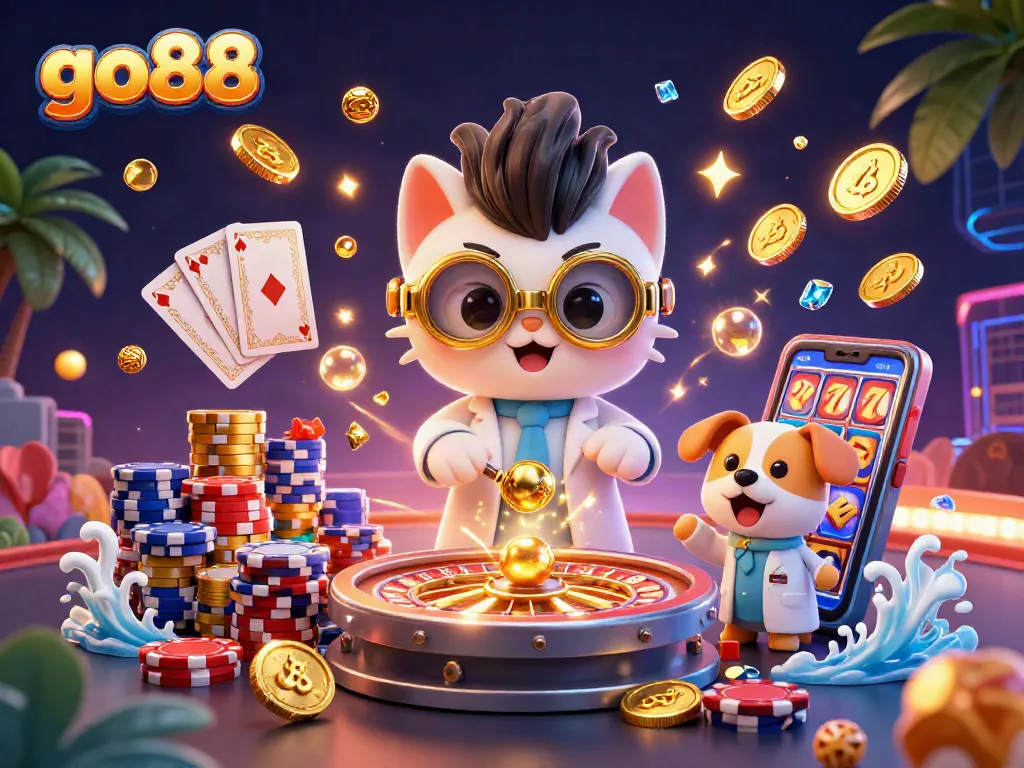 Experience the exciting world of go88 with colorful casino elements, golden coins, and a mad scientist cat!