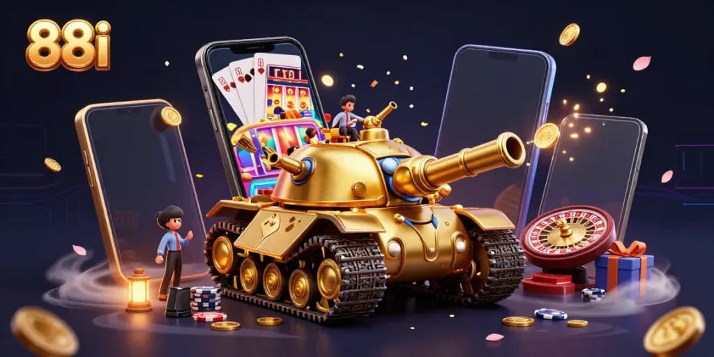 Engage in thrilling gaming with 88i's vibrant, casino-inspired 3D illustration featuring dynamic slot games.