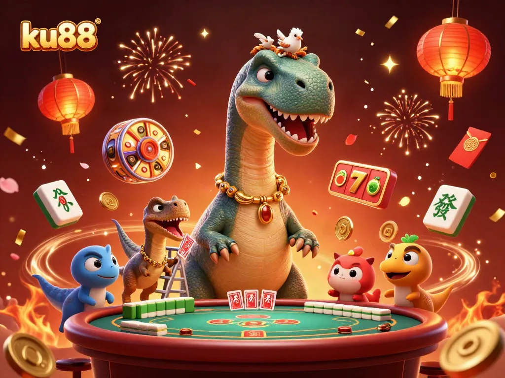 Experience the vibrant thrills at ku88 casino surrounded by floating slot reels, lucky 7s, and dazzling illustrations.
