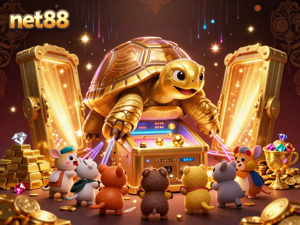 Engage with net88's thrilling gaming experience represented by a vibrant scene of a colossal tortoise and excited animals.