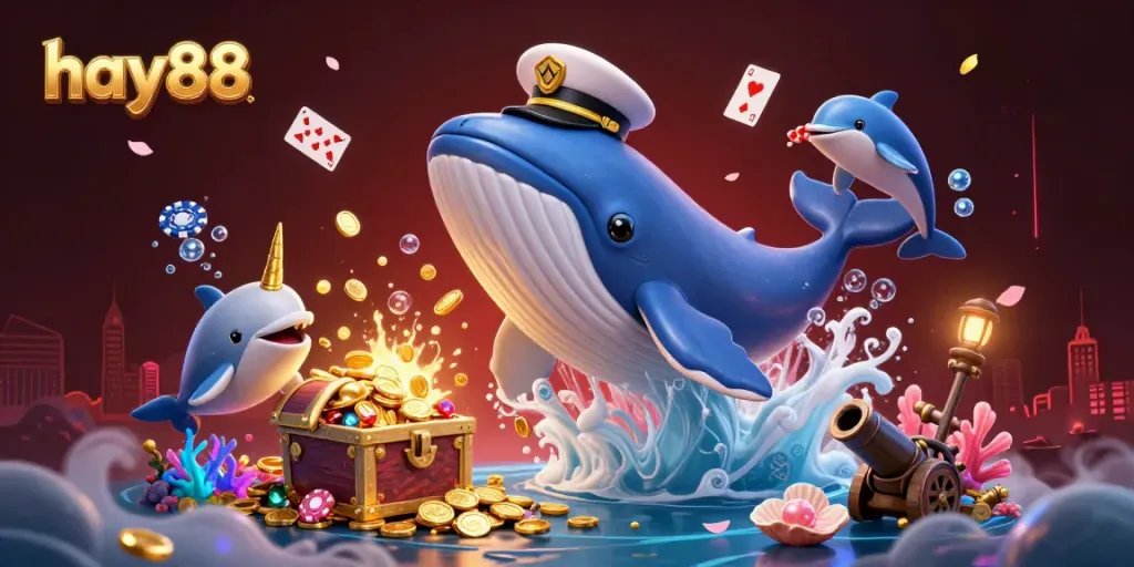 Experience the excitement of hay88 with a whale, narwhal, and dolphins in a dynamic casino-themed underwater scene.