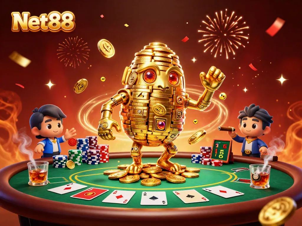 Experience the thrill of Net88 as golden golem spins animated riches around a vibrant poker table.