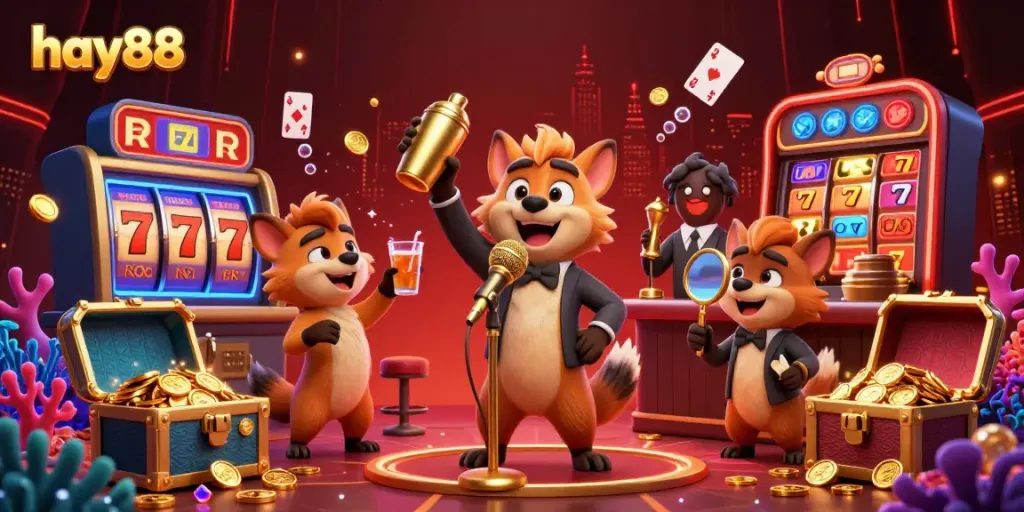 Experience the vibrant comedy casino scene with lively hyenas and dazzling hay88 elements.