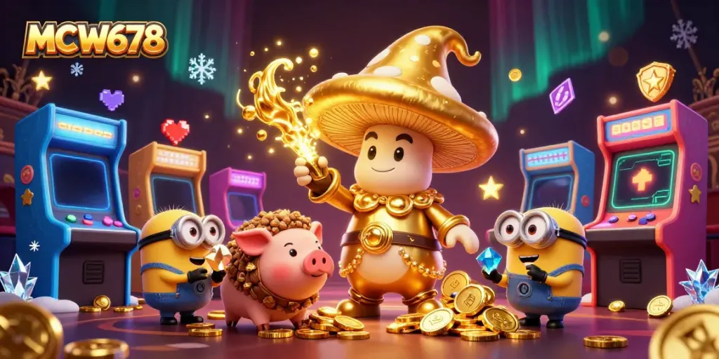 Experience the thrill of gaming at MCW678 with a magical 3D illustration showcasing a golden mushroom wizard, treasures, and arcade elements.