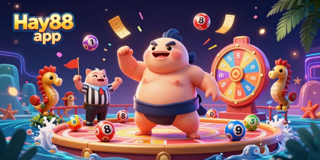 Experience the Hay88 app with a lively underwater casino scene featuring a fugu character and dynamic game elements.