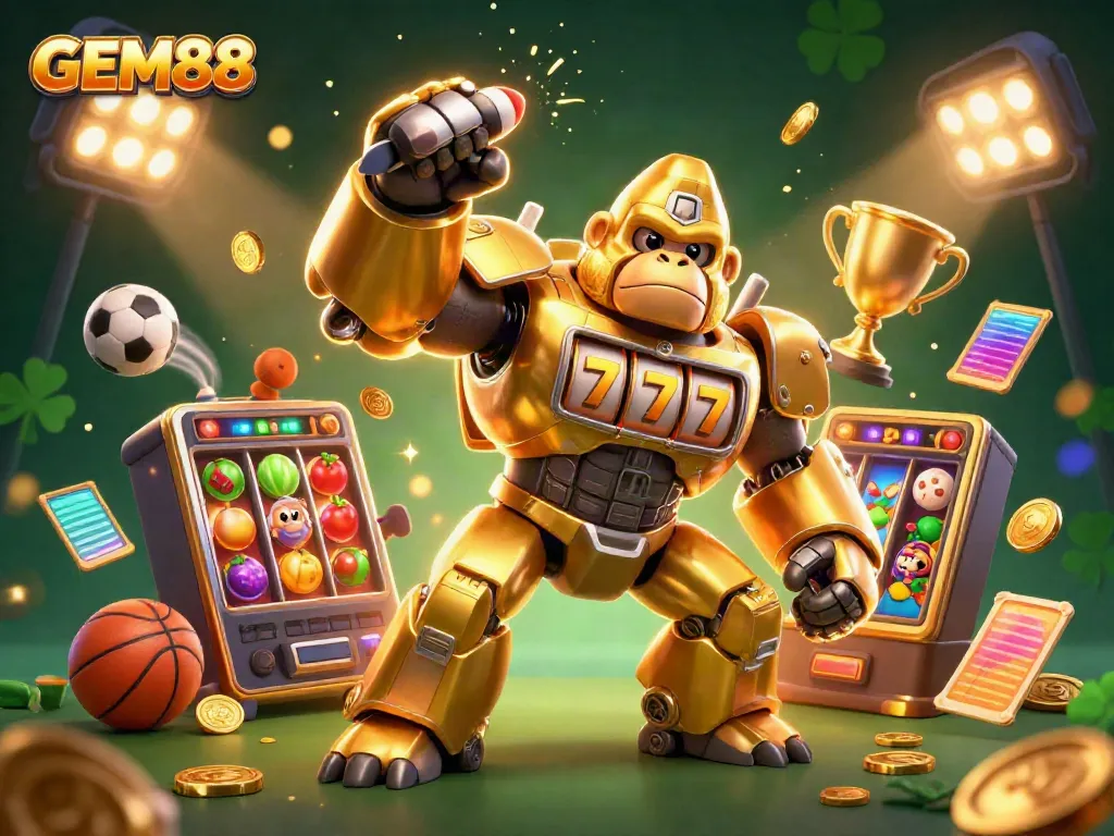 Experience the excitement of GEM88 with a vibrant 3D slot-themed scene featuring a golden gorilla mech and dynamic game elements.