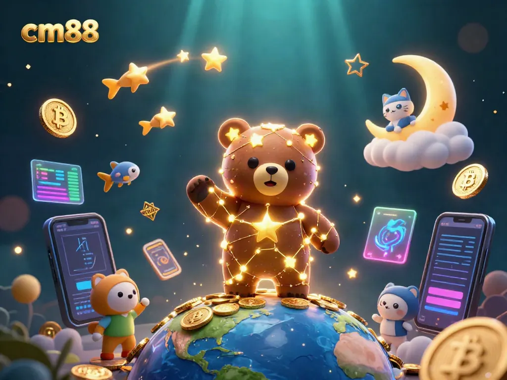 Experience thrilling moments with cm88's golden constellation bear collecting coins from the sky.