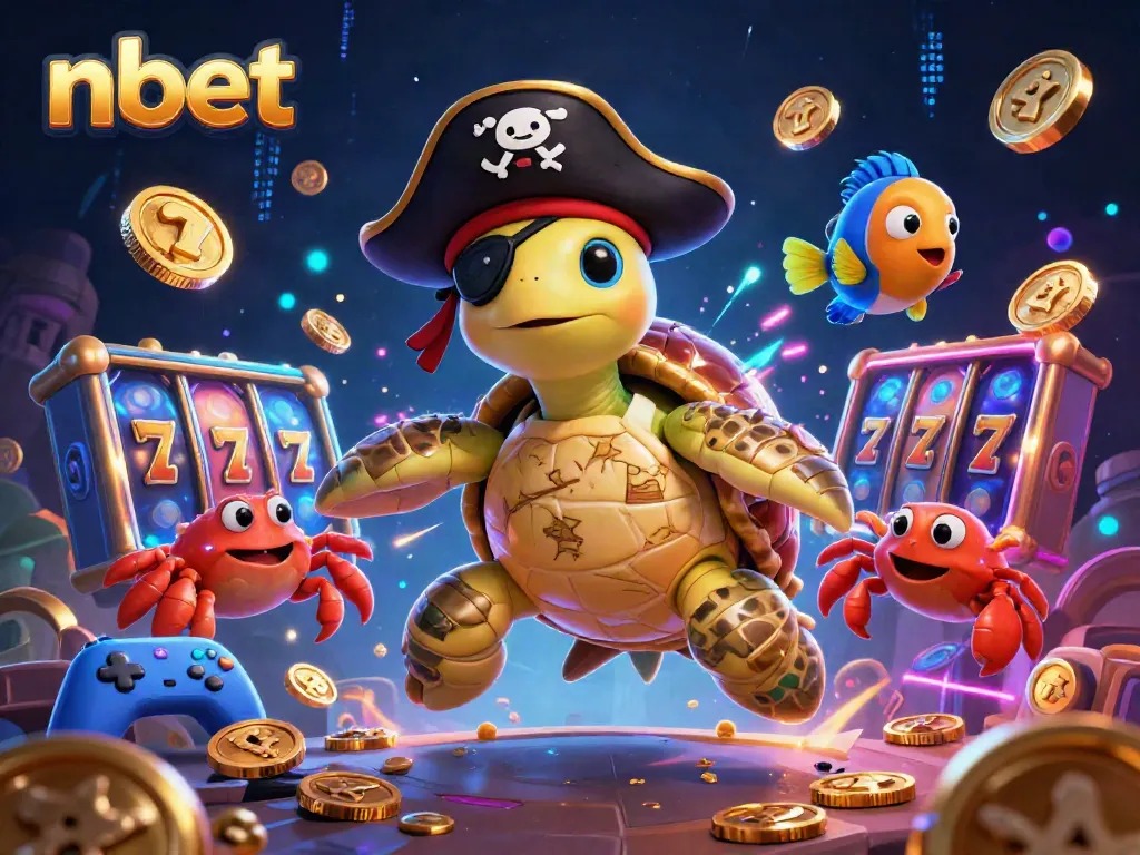Experience thrilling nbet gameplay with a pirate turtle and friends amidst vibrant slot machines.
