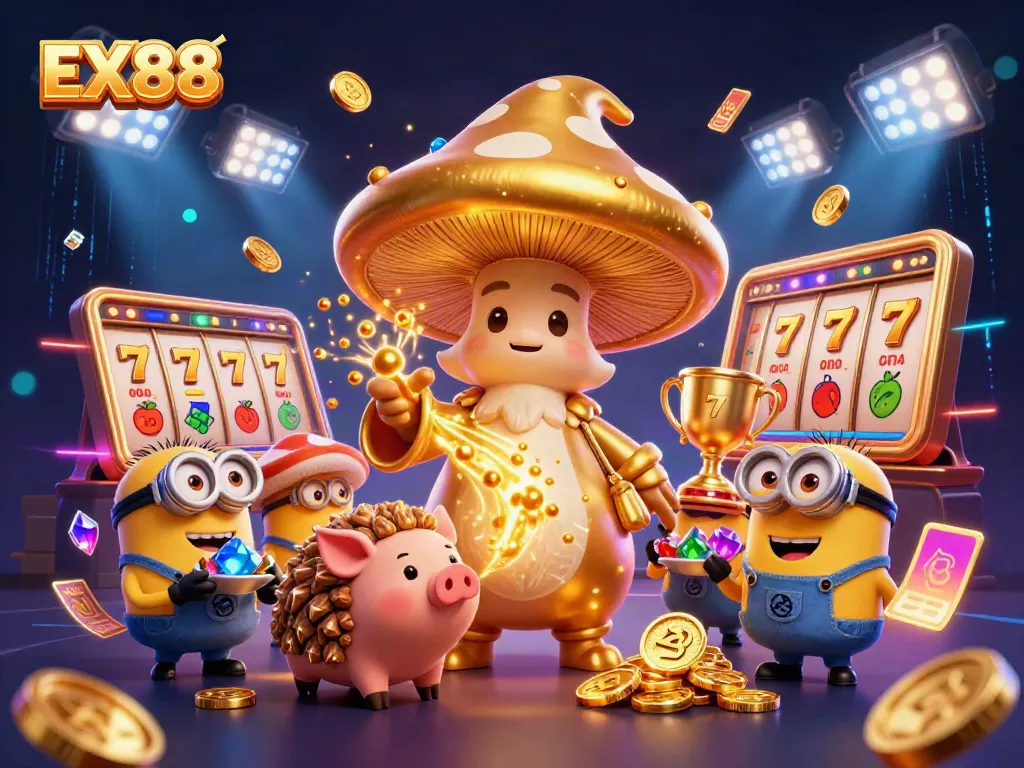 Experience the magic of EX88 with a golden mushroom wizard turning casino treasures to gold.