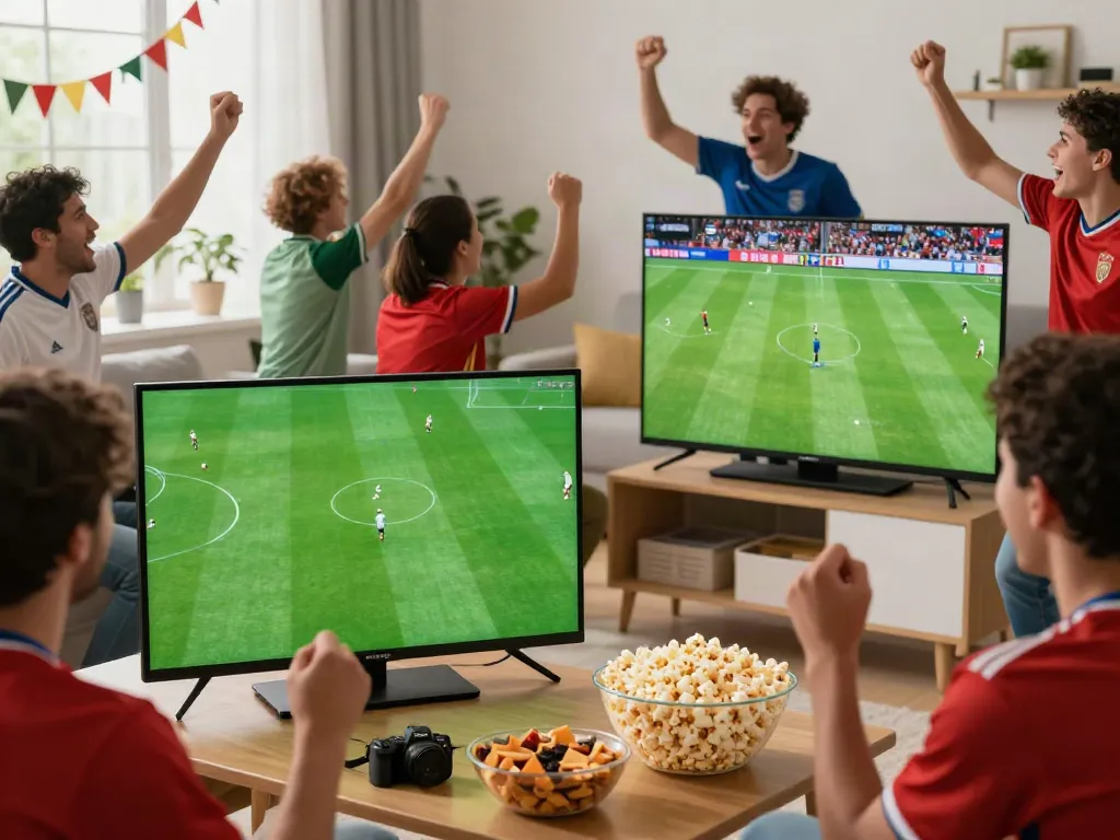 Fans enjoying a thrilling GavangTV soccer match in a lively living room.
