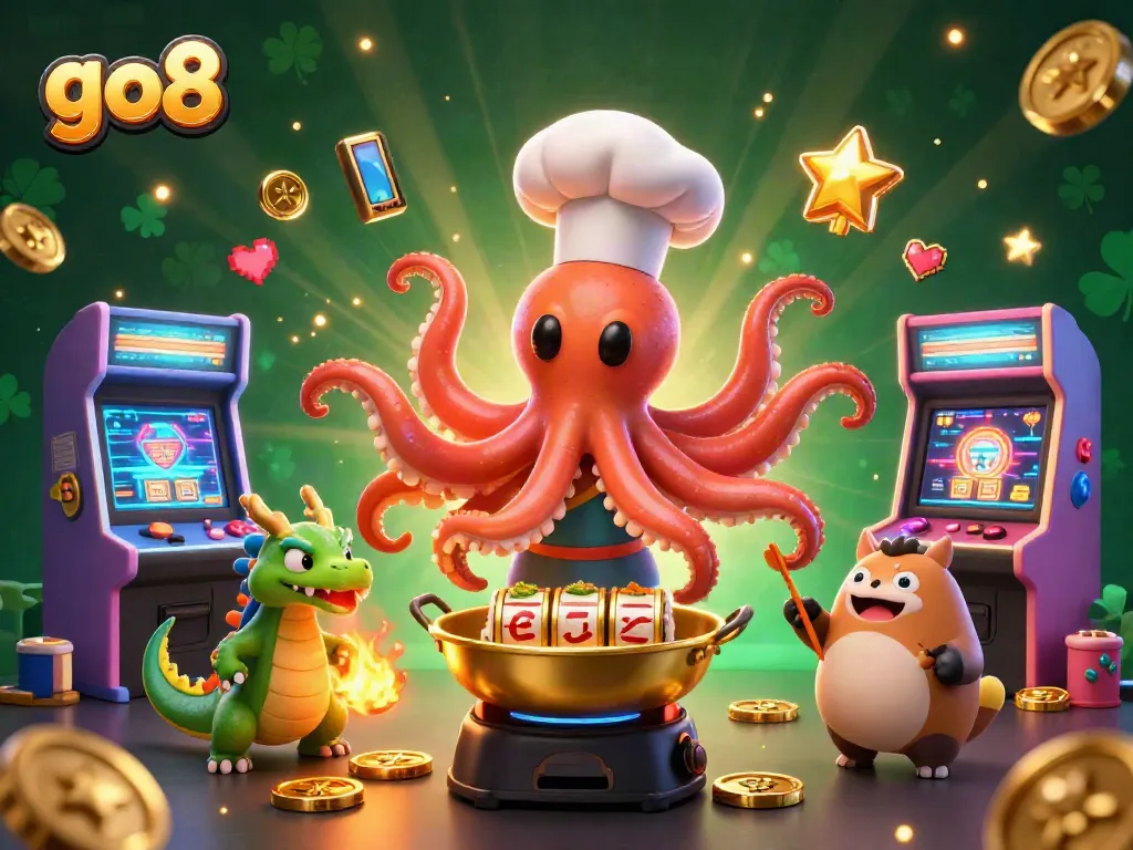 Engage with go8's vibrant casino scene, featuring a sushi chef octopus and dragon preparing slot reels.