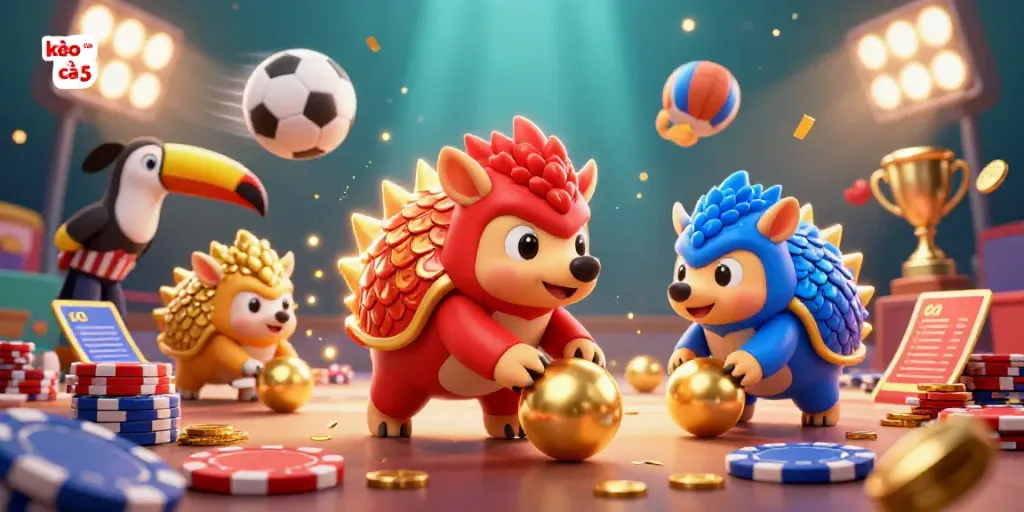 Betting action with kèo nhà cái 5’s vibrant pangolin theme, showcasing sports betting elements.