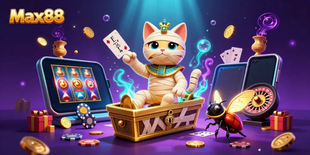 Experience the excitement at Max88 with a thrilling 3D illustration featuring a mummy cat in a casino