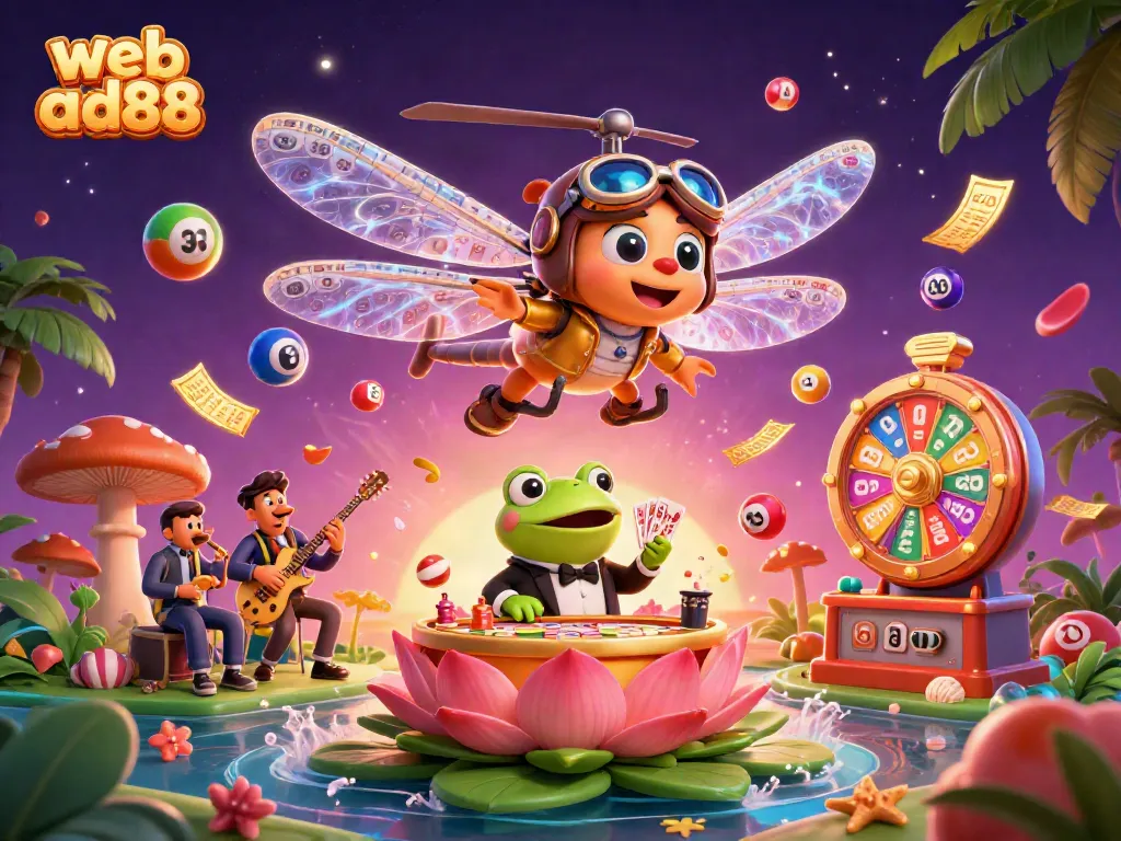 Engage with web ad88's vibrant casino scene featuring a dragonfly pilot and frog dealer.