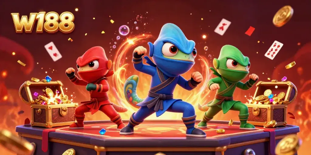 Experience the excitement of w188 with a vibrant casino rooftop scene featuring dynamic ninja chameleons and flying casino elements.