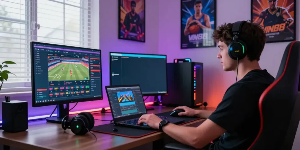 Engaged player enjoying a thrilling online gaming experience at VIN88 with vibrant LED lights and a high-end setup.