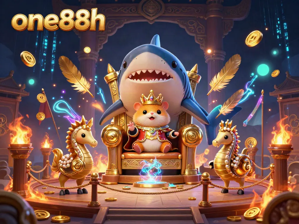 Experience thrilling gaming adventures at one88h with a dynamic illustration featuring a mini hamster king on a megalodon throne.