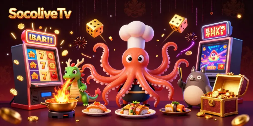 SocoliveTv offers immersive online gaming experiences with a vivid 3D cartoon scene filled with dynamic casino elements.