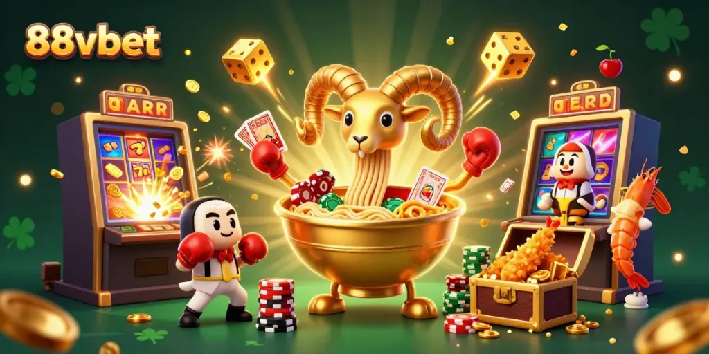 Experience the excitement of 88vbet with a vibrant 3D illustration of casino games and characters.