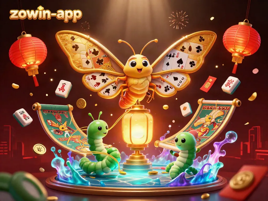 Zowin-app's engaging casino experience with a 3D moth, vibrant lights, and game elements.