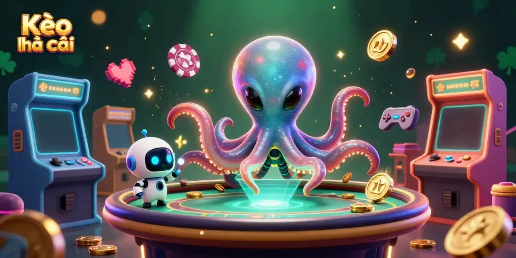 Engage in Kèo nhà cái with a vibrant 3D illustration of an alien octopus at a holographic poker table with exciting gaming elements.