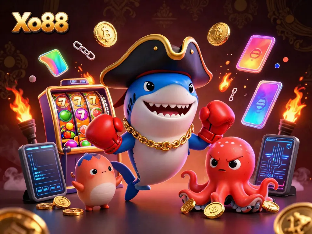 Xo88 players enjoy exciting casino games with a 3D shark pirate, pufferfish, and octopus illustration.