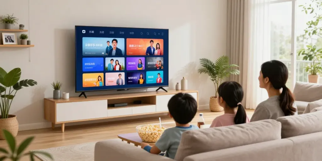 Family enjoying an IPTV subscription on a smart TV in a cozy living room.