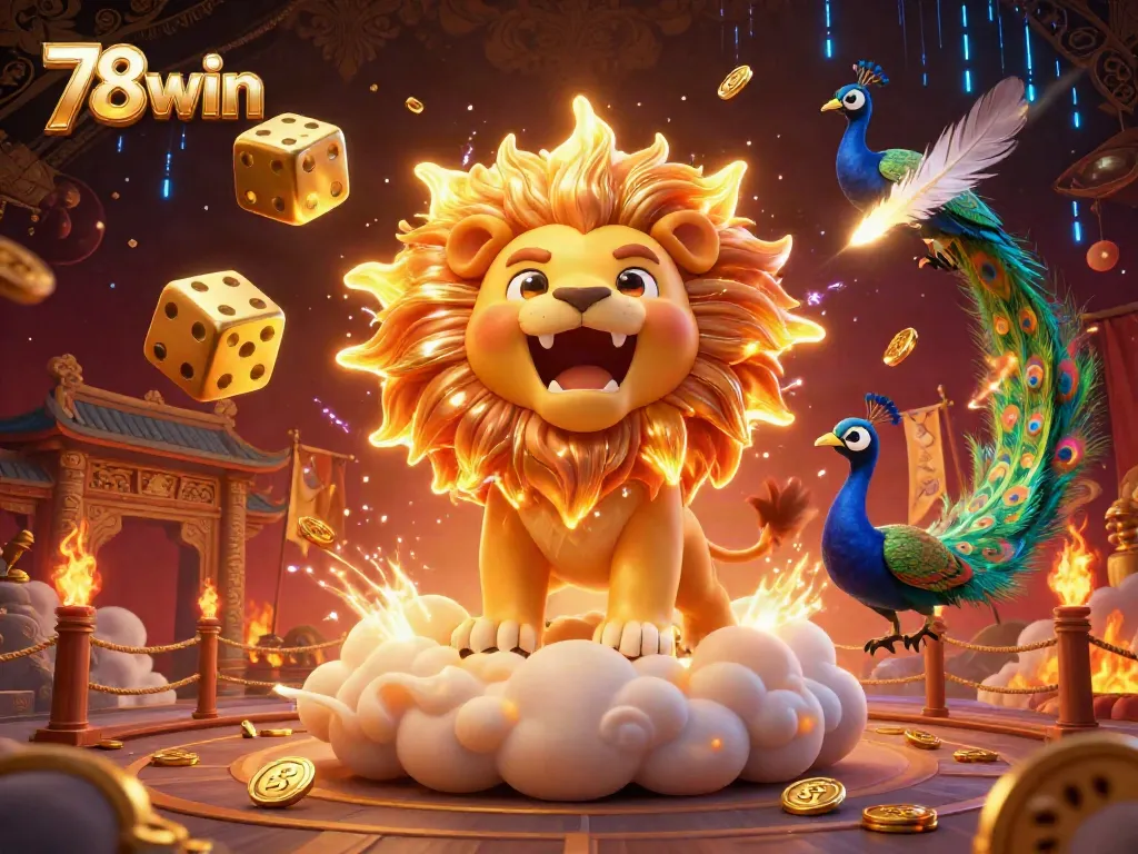 Engage with 78win in a vibrant casino scene featuring a roaring sun lion, golden dice, and dynamic elements.