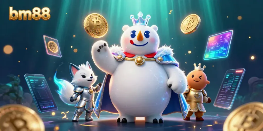 Experience bm88's vibrant casino adventure with a 3D ice king and snow fox amidst crypto elements.