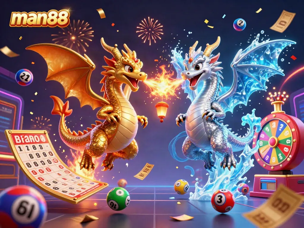 Engage with man88 through a vibrant casino illustration featuring dragons and dynamic lottery elements.