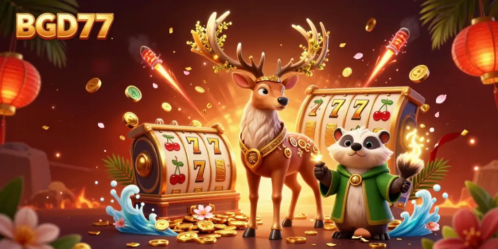 Bet on your fortune with BGD77, featuring vibrant slots and mystical characters in a rich casino setting.