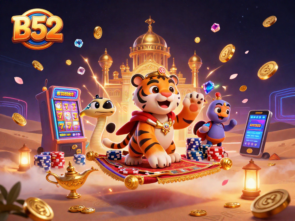 B52 showcases an enchanting tiger sultan on a carpet of poker chips, spinning slots and festive gaming elements highlight casino excitement.