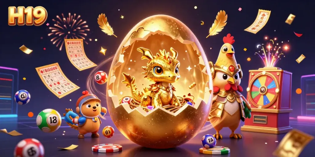 Experience the excitement of H19 as a golden dragon emerges from poker chips in a vibrant casino scene.