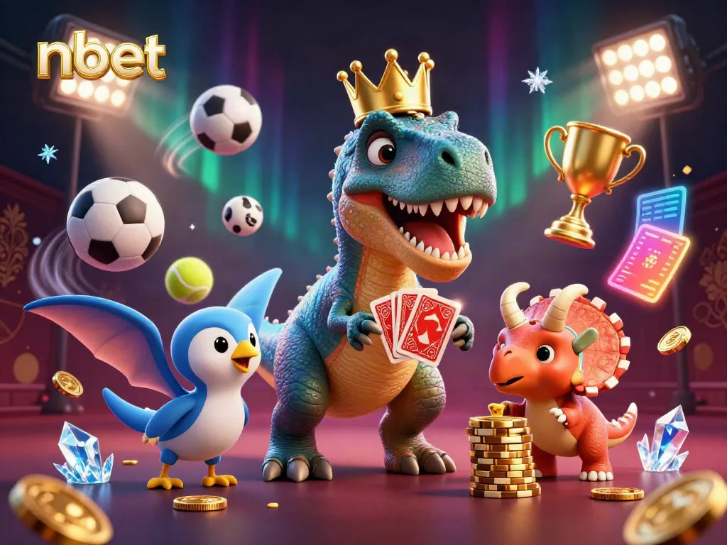 Experience thrilling casino action with nbet as a T-Rex struggles to shuffle cards, while friends assist and gold coins scatter.