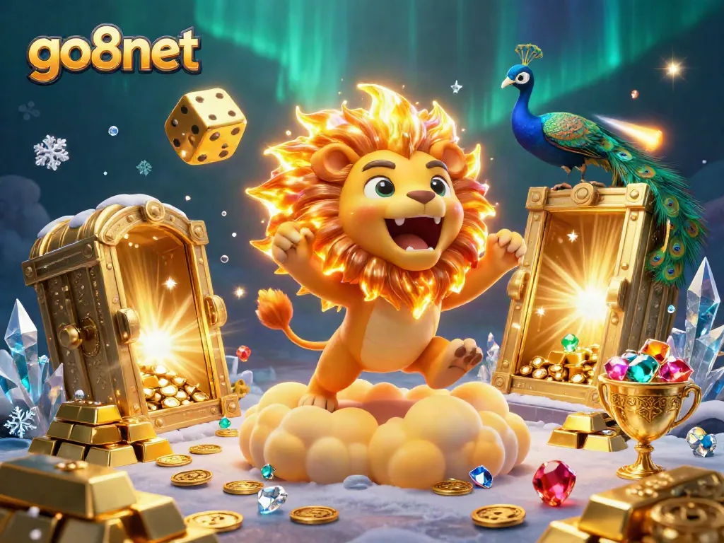 Experience thrilling games at go8net with a vibrant 3D casino illustration filled with treasures.