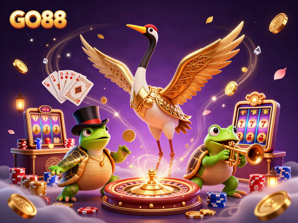 Experience the excitement of GO88 with dynamic gaming elements and vibrant characters in an engaging casino scene.