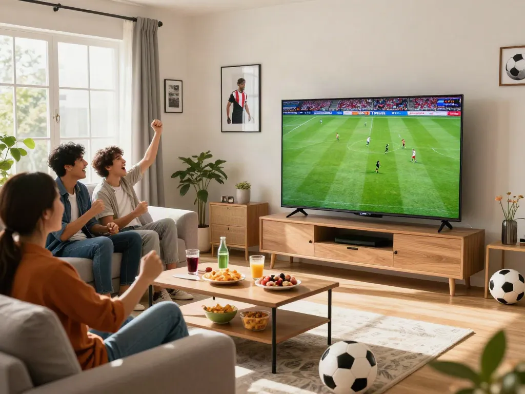 Friends enjoying a live football match on Thapcamtv in a cozy living room.