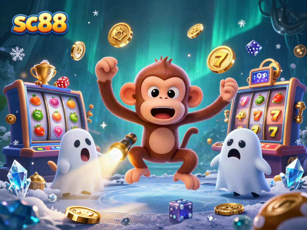 Experience thrill at sc88 with a mischievous poltergeist monkey and ghost-hunter puppy in a vibrant casino scene.