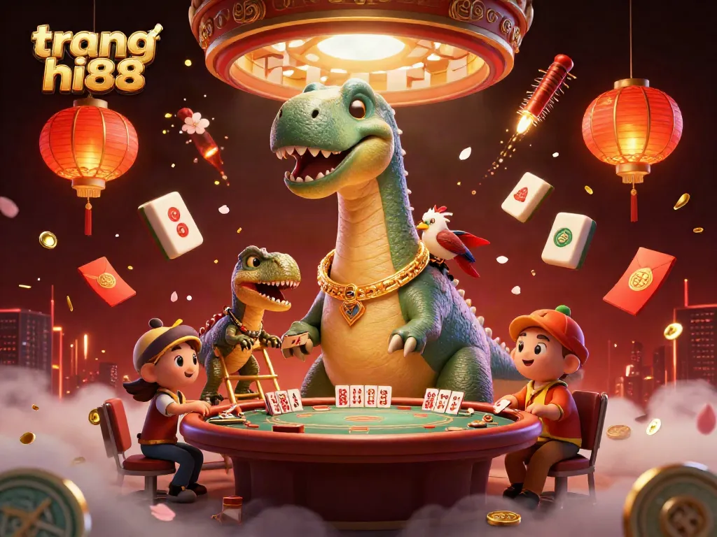 Engage in thrilling action with trang hi88 as a giant brontosaurus watches over a poker game.