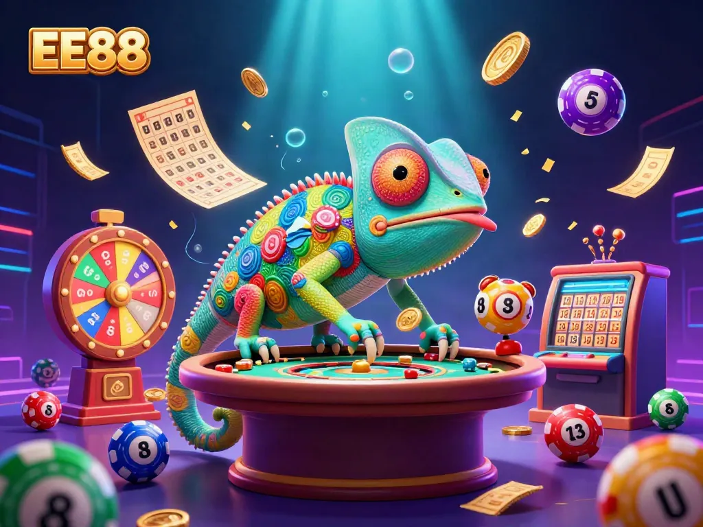 Engage with the EE88 casino experience featuring vibrant games, dynamic elements, and a playful chameleon owner.