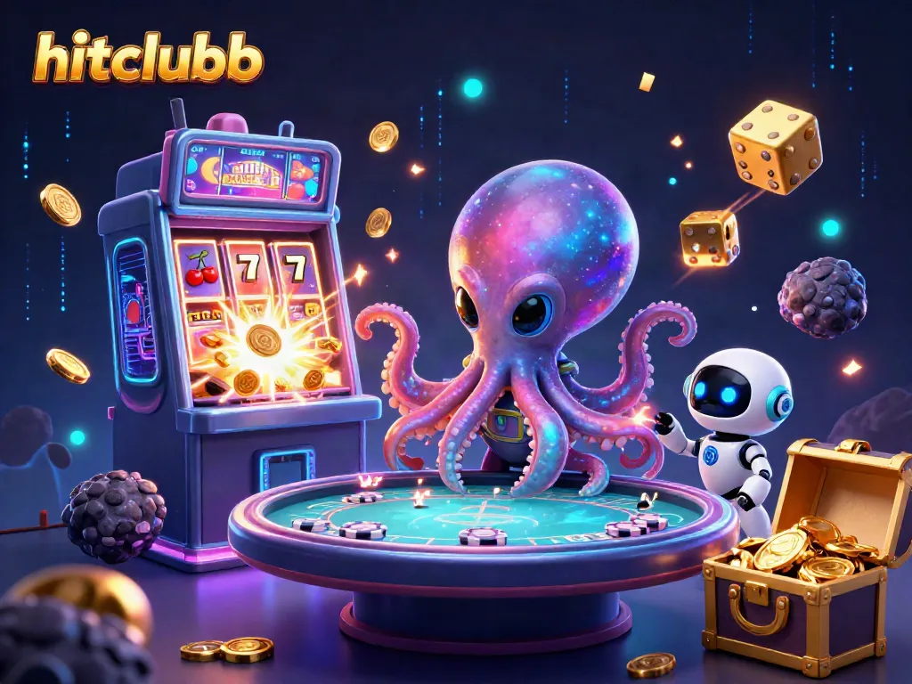 Experience thrilling games at hitclubb with a dynamic 3D alien scene featuring holographic poker tables and vivid casino elements.
