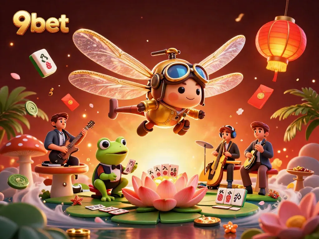 Engage in exciting games at 9bet with a lively digital casino scene featuring a dragonfly pilot and a frog croupier.