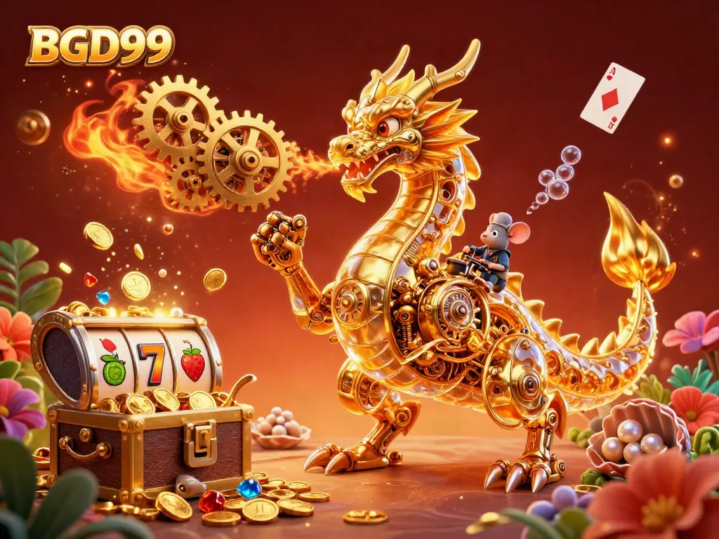 Experience the thrilling world of BGD99 with a golden dragon and dynamic casino elements bursting with excitement.